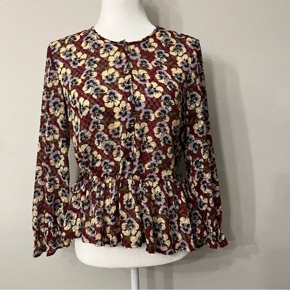Madewell Drawstring Ruffle-Hem Top in Viola Floral EUC XS Pansy Dusty Burgundy - Picture 5 of 12